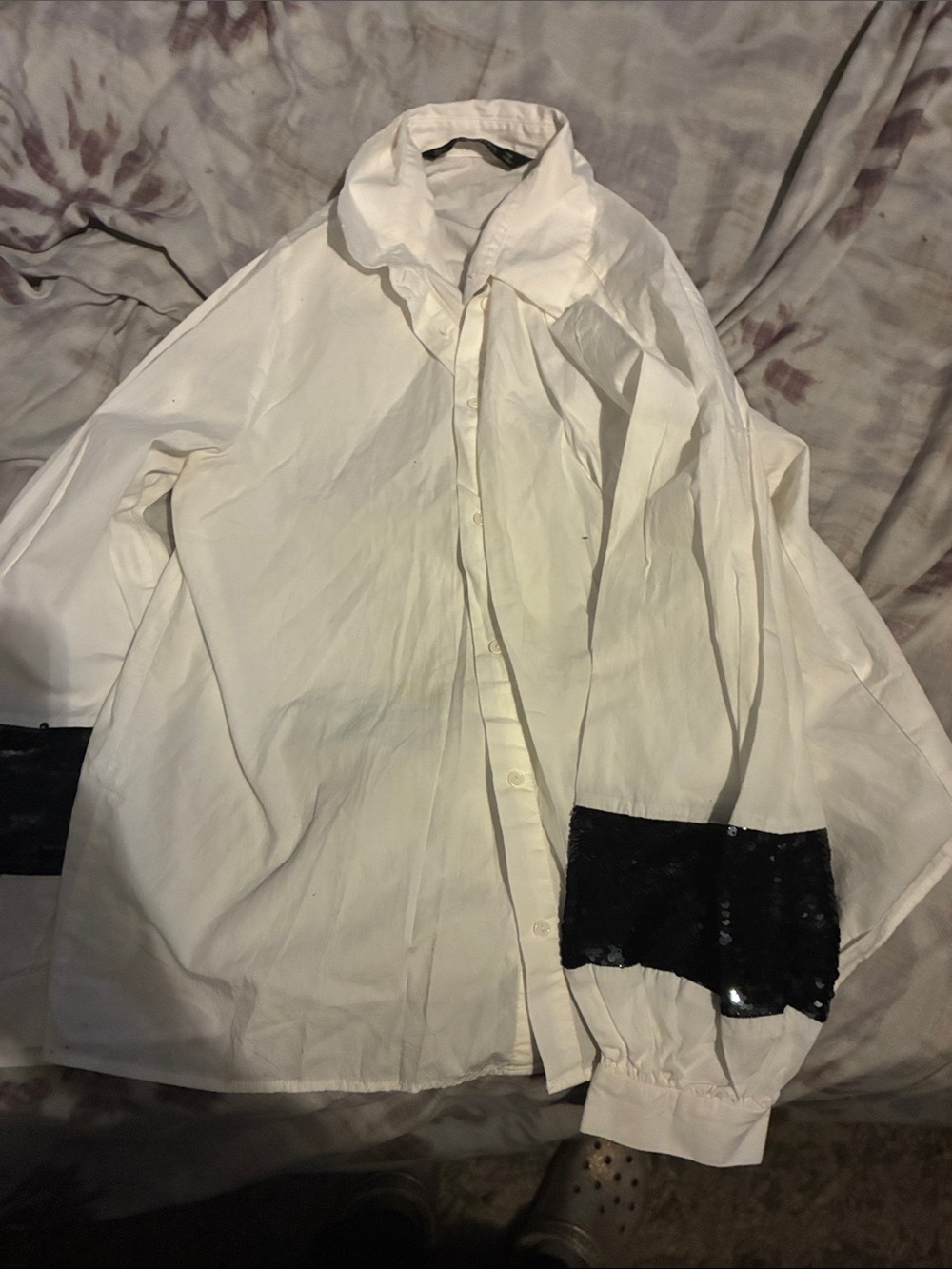 Zara White Button-Up Shirt with Black Sequin Cuffs